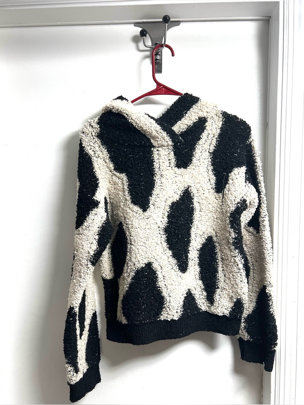 Sandy Liang Cozy Animal Print Black and Cream Patterned Hoodie Sweater